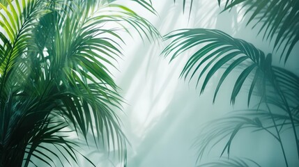 Poster - tropical green palm leaves silhouette with soft light background and copy space for text