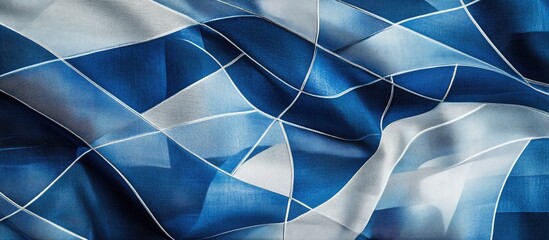 Poster - Abstract blue and white textured fabric background with flowing wave patterns and grid lines suitable for graphic design Copy Space