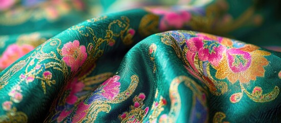 Poster - Colorful floral patterned fabric with rich textures and vibrant hues draped elegantly, ideal for textile design, Copy Space