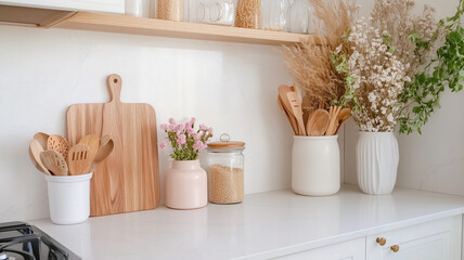 Wall Mural - Modern kitchen decor with wooden utensils, flowers, and jars