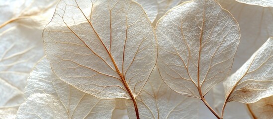 Wall Mural - Translucent dried leaves with intricate vein patterns on a light background, natural textures, soft focus, Copy Space.