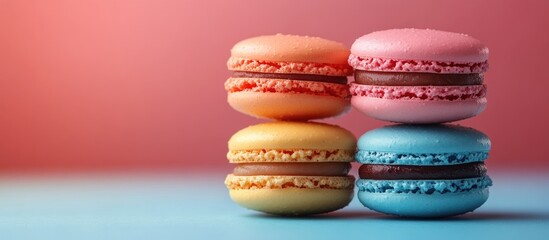 Canvas Print - Colorful macarons stacked on a surface with a gradient background and Copy Space for text placement