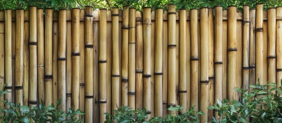 Canvas Print - Bamboo fence with lush green foliage in the foreground providing natural texture and depth complete with Copy Space for text placement