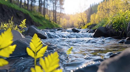 Wall Mural - Serene river flowing through lush green forest with sunlight filtering through trees