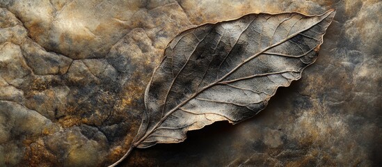 Canvas Print - Dry leaf on textured background with natural earthy tones suitable for botanical or environmental themes Copy Space