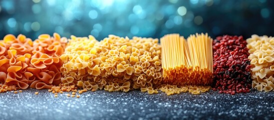 Sticker - Assorted pasta varieties arranged with bokeh background and sparkles Copy Space