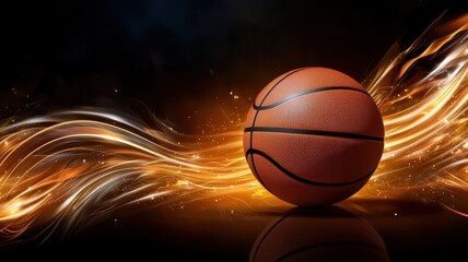 Poster - Sports Technology. Glowing basketball with dynamic light trails on a dark background.