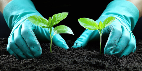 A pair of blue-gloved hands planting two green sprouts into dark, rich soil, emphasizing care, sustainability, and a connection to nature in gardening.