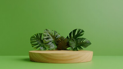 Wall Mural - Wooden podium with tropical leaves on green background.