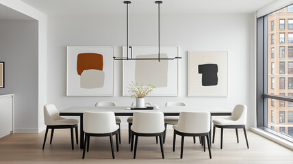 Canvas Print - Modern dining room with minimalist decor, featuring large table and stylish chairs. space is bright and airy, enhanced by abstract wall art and large windows