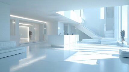 Canvas Print - Modern white building interior; sunlight, reception, stairs