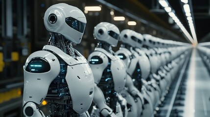 Poster - Robots collaborating with humans in a seamless production line, guided by AI systems.