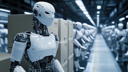 Poster - Robots collaborating with humans in a seamless production line, guided by AI systems.