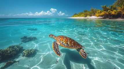 Poster - A vibrant sea turtle swims effortlessly in the warm, crystal-clear waters, showcasing its intricate shell against a backdrop of lush islands and gentle waves