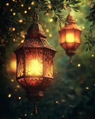Canvas Print - beautifully crafted vintage lanterns illuminating a magical forest with glowing warm light and spark
