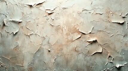 Fototapete - An intricate wall surface reveals layers of texture created by peeling paint in soft beige and taupe hues, enhancing the creative ambiance of the surrounding environment