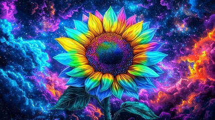 Wall Mural - Cosmic Sunflower Vibrant flower in nebula