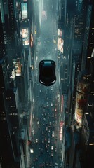 Poster - A nighttime urban landscape under rain, featuring vehicles soaring through the sky