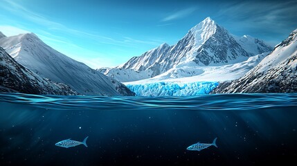 Wall Mural - Serene underwater view with fish swimming beneath a snowy mountain landscape, showcasing nature's beauty