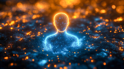 Poster - A glowing digital human figure composed of blue and orange light dots, symbolizing artificial intelligence and technology
