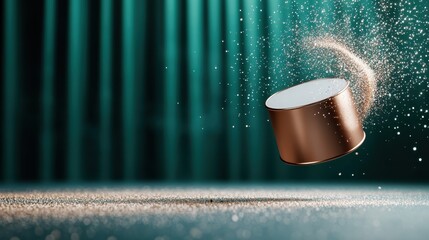 Poster - A beautifully crafted canister hovers gracefully amidst a cloud of shimmering particles, evoking feelings of luxury and wonder in a mesmerizing ambiance.