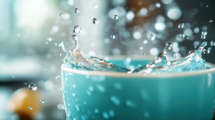 Poster - Water droplets burst energetically from a turquoise cup, symbolizing joy and spontaneity in a captivating and vibrant manner.