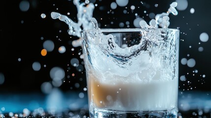 Poster - A dynamic splash of milk is captured in a clear glass, highlighting the motion and energy of liquid, evoking feelings of freshness and excitement during indulgence.