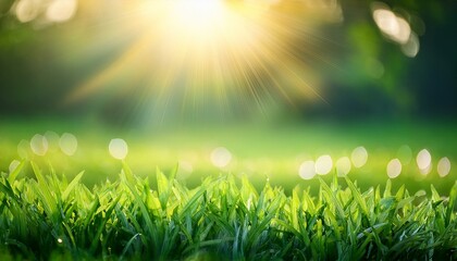 Wall Mural - natural grass field background with blurred bokeh and sun rays