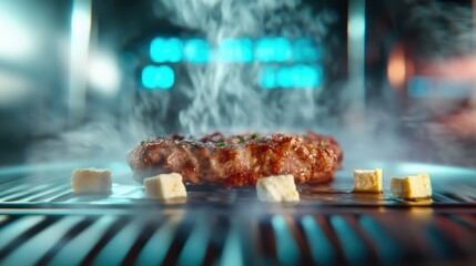 A mouthwatering grilled sausage surrounded by melting butter cubes creates an appetizing display, perfect for illustrating gourmet cooking and delicious dining experiences.