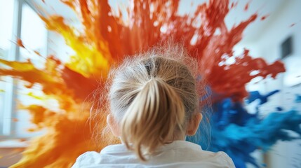 Poster - A young child stands in awe before a vibrant splash of orange and blue paint, capturing the joyful essence of a creative art session in a bright, colorful environment.