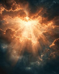 Wall Mural - Golden light rays pierce through dark clouds in an ethereal sky creating a dramatic scene