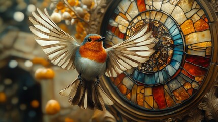 Fototapete - A European Robin in Flight, Majestically Poised Before an Intricate Stained Glass Clock, a Symbol of Time and Nature's Intertwined Dance.