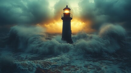 Poster - A Lone Lighthouse Stands Defiant Against the Fury of a Tempestuous Ocean, Its Guiding Light a Beacon of Hope Amidst the Roaring Waves and Darkening Skies.