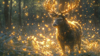Poster - Enchanted Forest Stag: A Golden Hour Dream in a Mystical Woodland, Adorned with Luminescent Insects