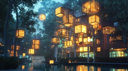 Poster - 3D-rendered futuristic metaverse with glowing digital cubes and interconnected blocks symbolizing technology networks.