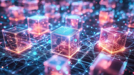 Poster - 3D-rendered futuristic metaverse with glowing digital cubes and interconnected blocks symbolizing technology networks.