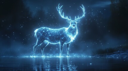 Poster - Enchanted Luminescent Stag: A Mystical Nighttime Scene by the Lake, Reflecting Starlight and Magic in its Glowing Antlers and Body.