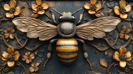 Aufkleber - Intricate Gold and Black Bee Sculpture with Floral Accents: A Masterpiece of 3D Carving Art