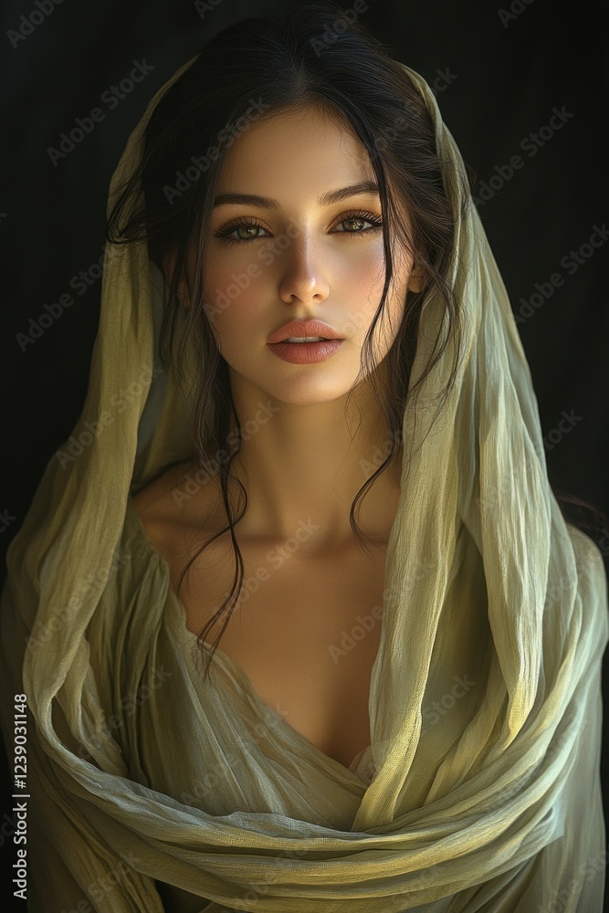 Naked Woman in Beige Silk Drapery Soft Fabric Portrait with Natural