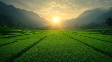 Aufkleber - Serene Sunset over Lush Green Rice Terraces in Majestic Mountain Valley