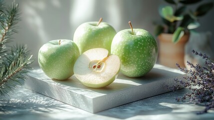 Poster - Sunlit Green Apples, Lavender, and Pine: A Still Life Composition of Freshness and Serenity