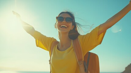 Wall Mural - A cheerful traveler throws her arms in the air, enjoying freedom and adventure on a sunny vacation.