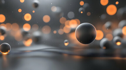Wall Mural - A dreamy 3D abstract composition with a dark gray background, illuminated by a soft light gradient and ethereal, glowing orbs
