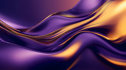 Wall Mural - A dynamic 3D abstract composition with a gradient of deep purple and gold, showcasing fluid, wave-like forms