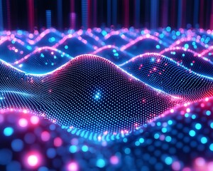 Poster - Abstract data wave, glowing particles, digital landscape, technology background, website header