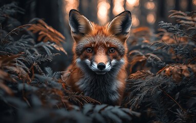 Wall Mural - Red fox in autumn forest, sunset background. Wildlife photography for nature documentaries