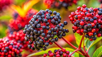 Canvas Print - Lush Close-up of Ripe Elderberries on Vibrant Red Stems - 4K Drone Footage