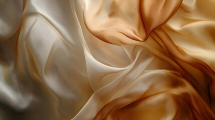 A luxurious abstract background in soft beige, sepia, and mocha mousse tones, featuring flowing silk satin fabric with delicate drapery folds and subtle shimmering highlights