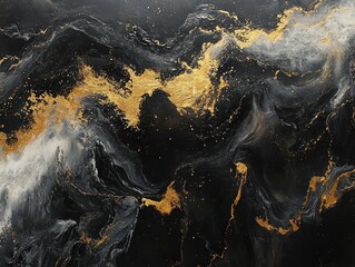 Abstract Black and White Swirling Patterns with Gold Accents and Textured Brush Strokes