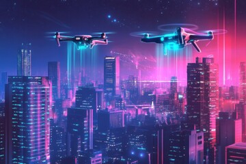 Poster - Drones Flying Over Neon Cityscape At Night